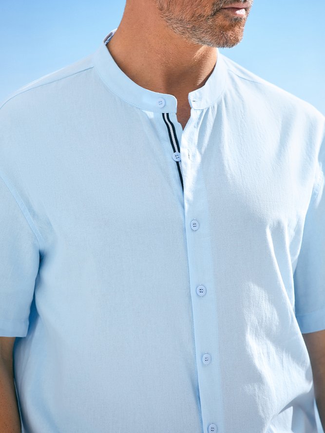 Side view of Casual Plain Summer No Elasticity Loose Short Sleeve Cotton Regular H-Line Aloha Shirts for Men