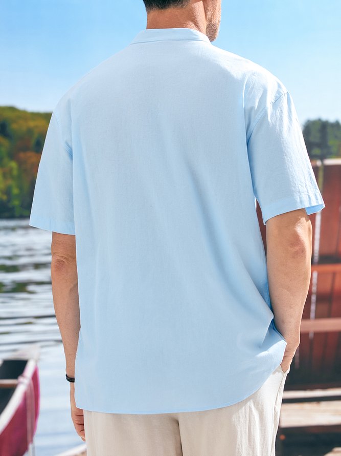 Side view of Casual Plain Summer No Elasticity Loose Short Sleeve Cotton Regular H-Line Aloha Shirts for Men