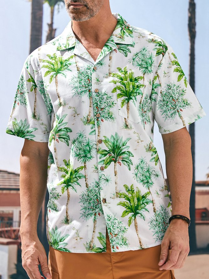 Men Summer Plants Vacation Lightweight Buttons Short Sleeve Cotton Regular Camp Collar Aloha Shirts-image-15732855