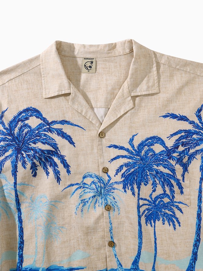 Side view of Men Summer Coconut Tree Vacation Natural No Elasticity Loose Short Sleeve Cotton Regular Aloha Shirts