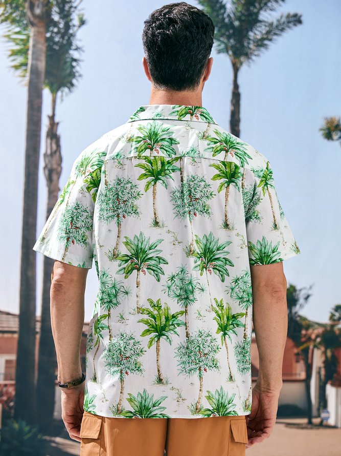 Side view of Men Summer Plants Vacation Lightweight Buttons Short Sleeve Cotton Regular Camp Collar Aloha Shirts