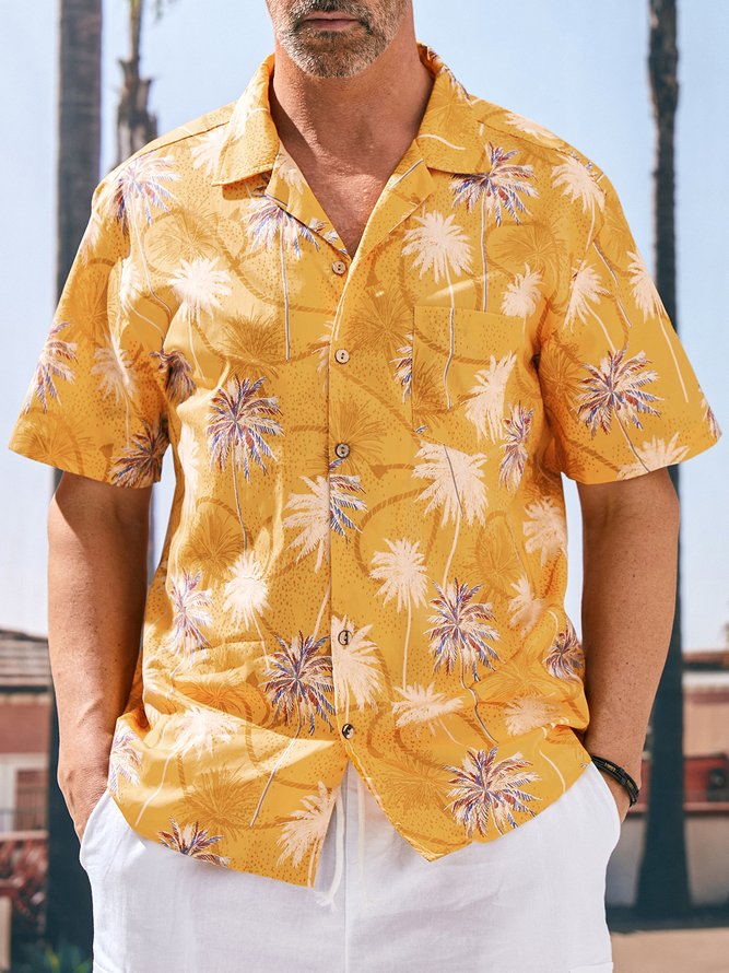 Side view of Men Summer Coconut Tree Vacation Natural No Elasticity Moisture Permeability Holiday Loose Cotton Aloha Shirts