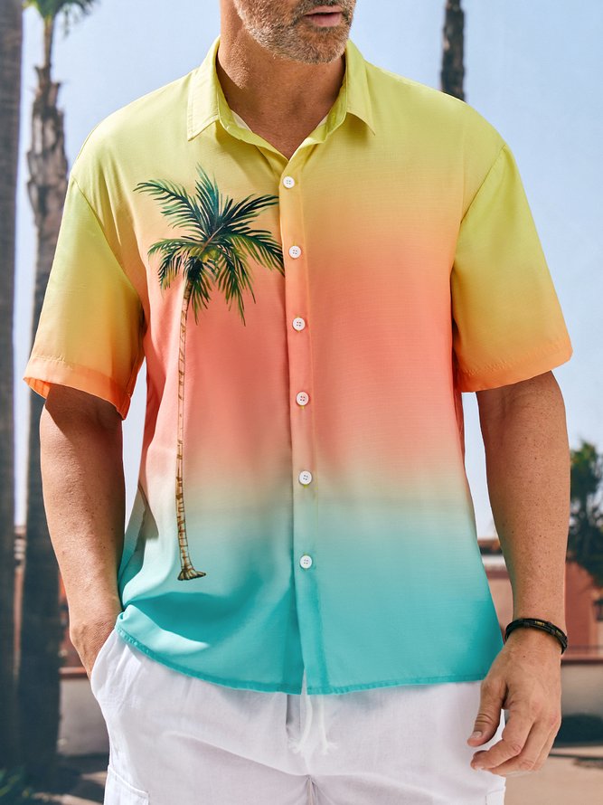 Ombre Coconut Tree Chest Pocket Short Sleeve Resort Shirt