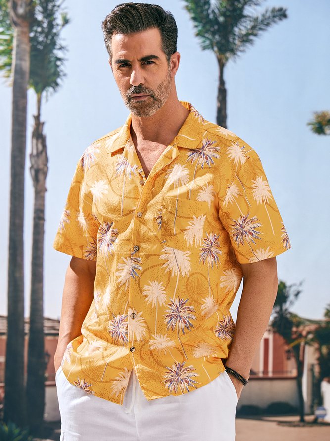 Side view of Men Summer Coconut Tree Vacation Natural No Elasticity Moisture Permeability Holiday Loose Cotton Aloha Shirts