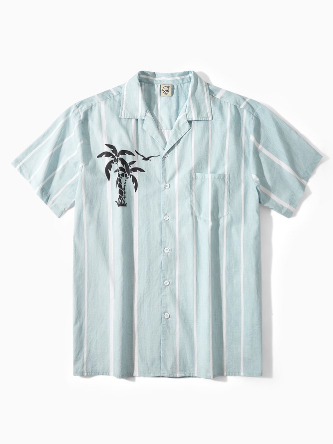 Side view of Men Coconut Tree Summer Vacation Natural No Elasticity Moisture Permeability H-Line Regular Camp Collar Aloha Shirts