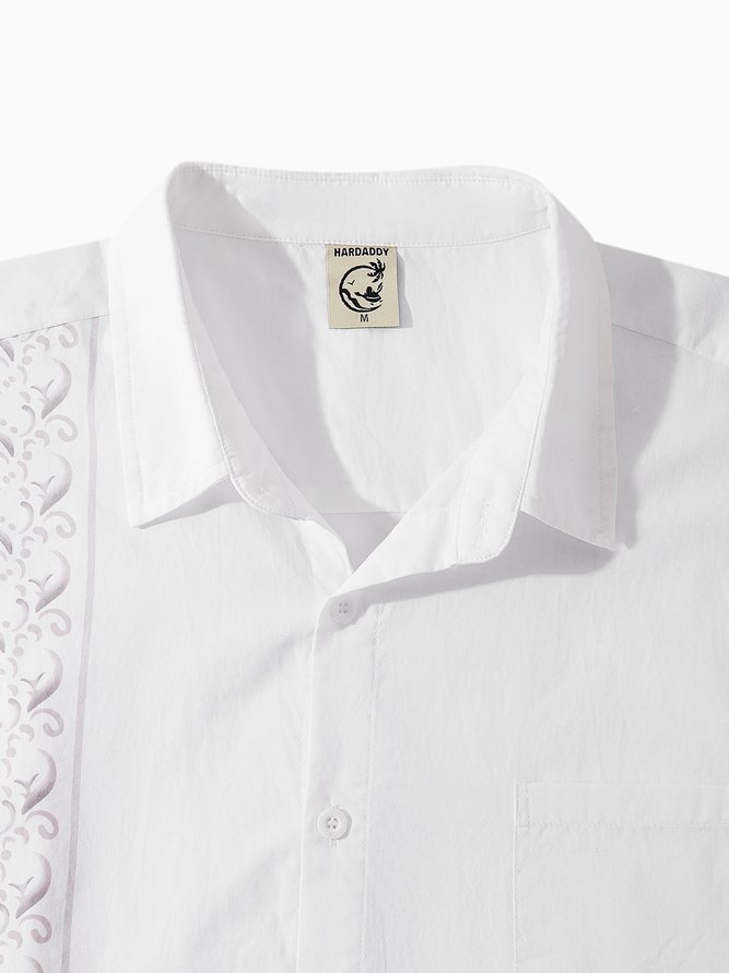 Side view of Men Floral Summer Vacation No Elasticity Household Short Sleeve Cotton H-Line Shirt Collar Guayabera Shirts