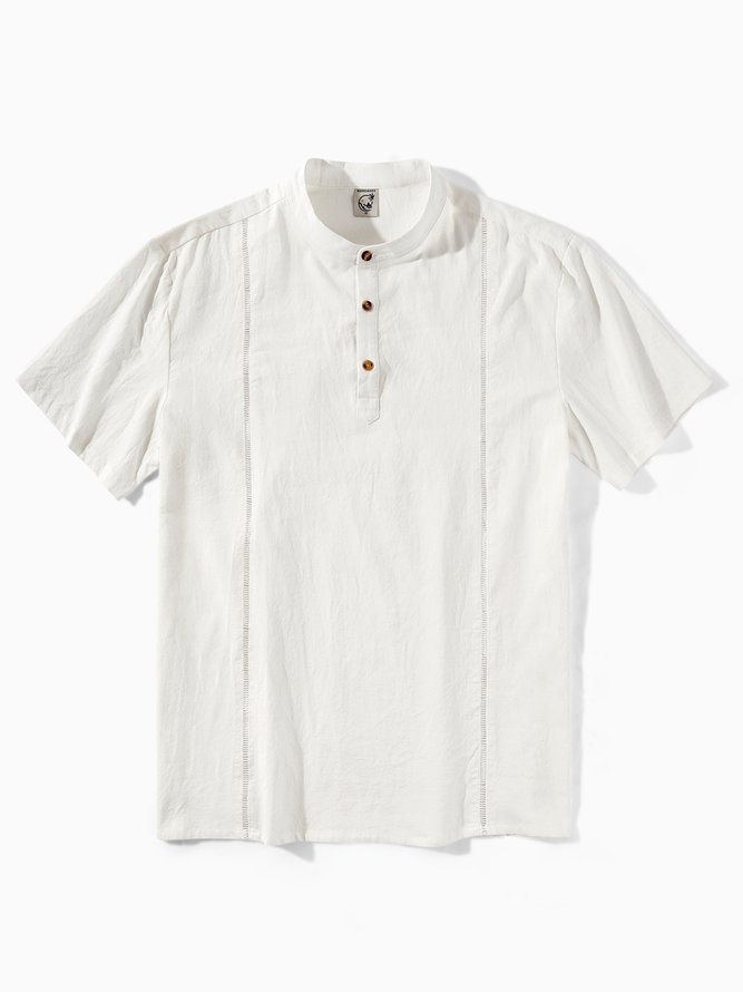 Side view of Men Casual Plain Summer Lightweight No Elasticity Moisture Permeability Loose Cotton H-Line Guayabera Shirts