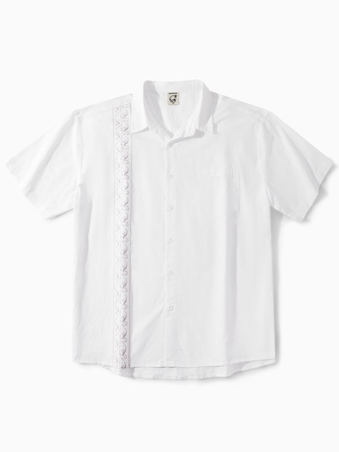 Side view of Men Floral Summer Vacation No Elasticity Household Short Sleeve Cotton H-Line Shirt Collar Guayabera Shirts