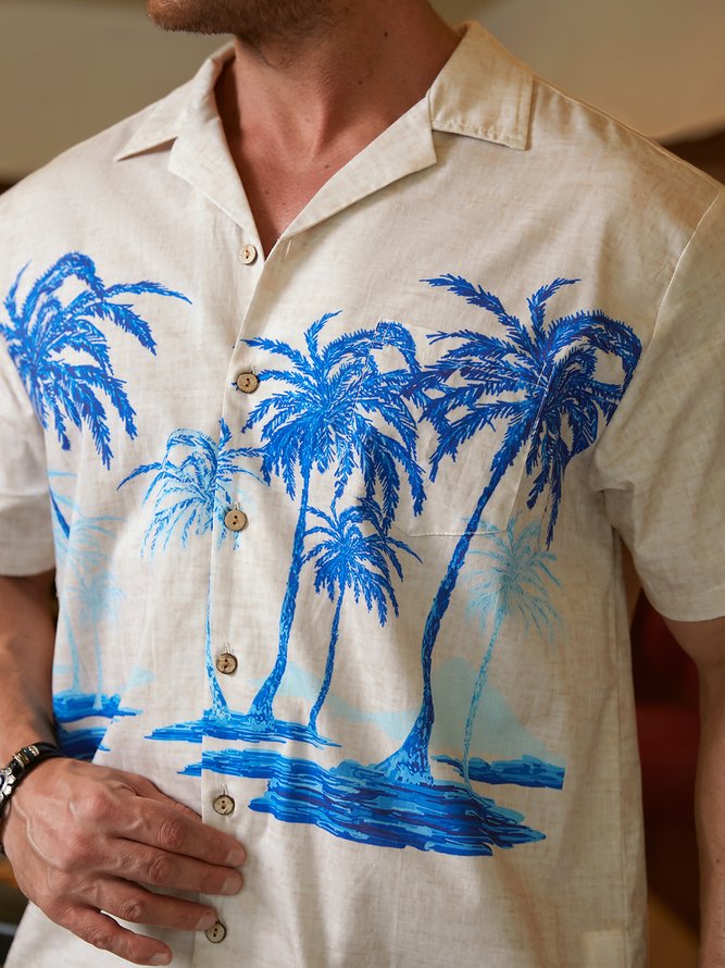 Side view of Men Summer Coconut Tree Vacation Natural No Elasticity Loose Short Sleeve Cotton Regular Aloha Shirts