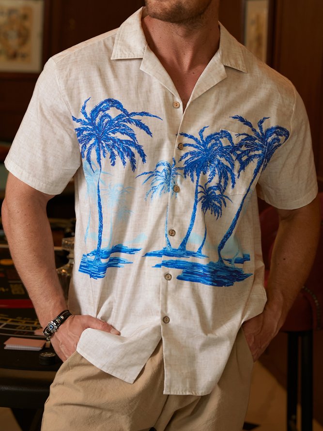 Men Summer Coconut Tree Vacation Natural No Elasticity Loose Short Sleeve Cotton Regular Aloha Shirts-image-15741399