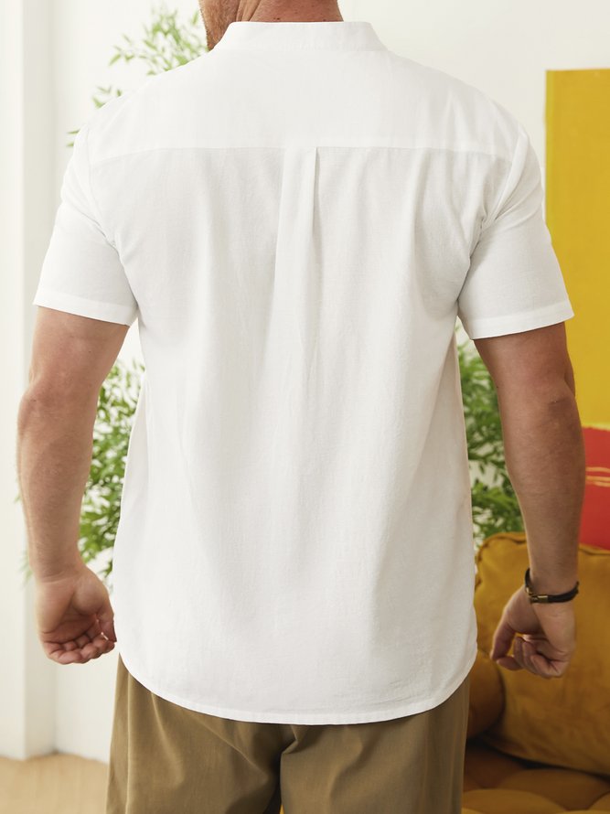 Side view of Men Casual Plain Summer Lightweight No Elasticity Moisture Permeability Loose Cotton H-Line Guayabera Shirts