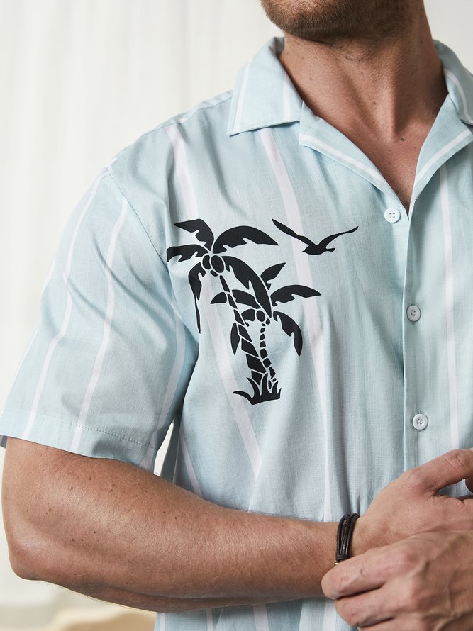 Side view of Men Coconut Tree Summer Vacation Natural No Elasticity Moisture Permeability H-Line Regular Camp Collar Aloha Shirts