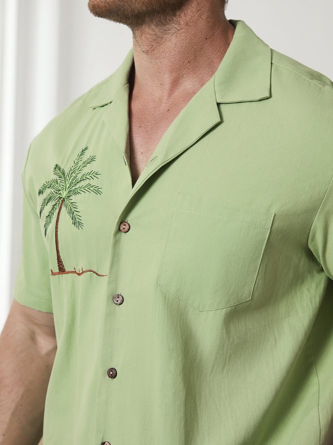 Side view of Men Summer Coconut Tree Vacation No Elasticity Moisture Permeability Household Regular H-Line Camp Collar Aloha Shirts