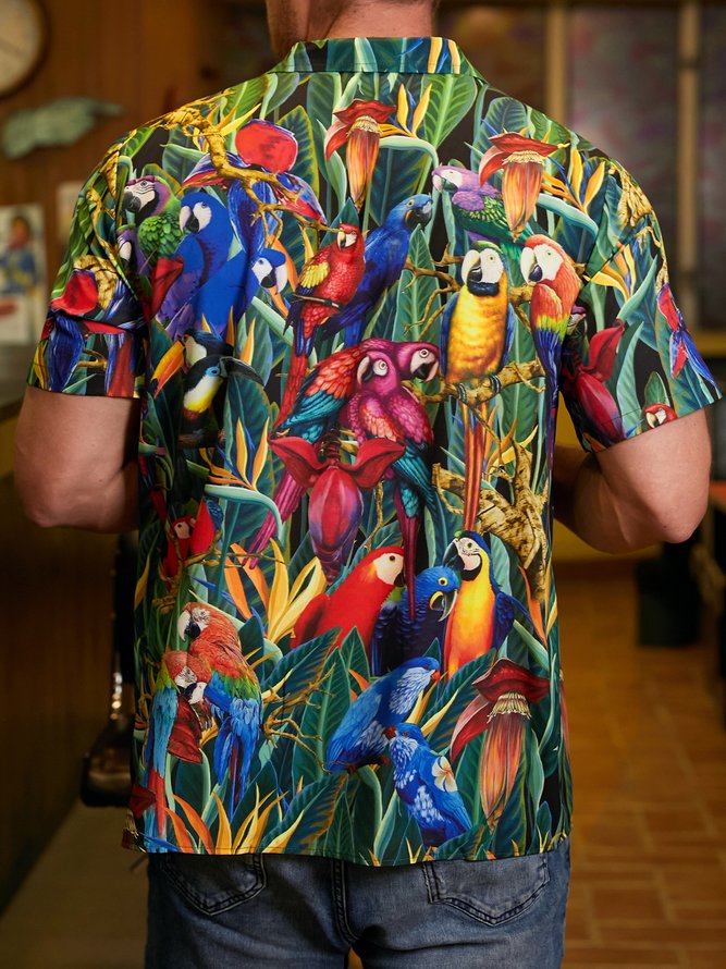 Mens Parrot Print Retro Short Sleeve Shirt Hawaiian Shirt