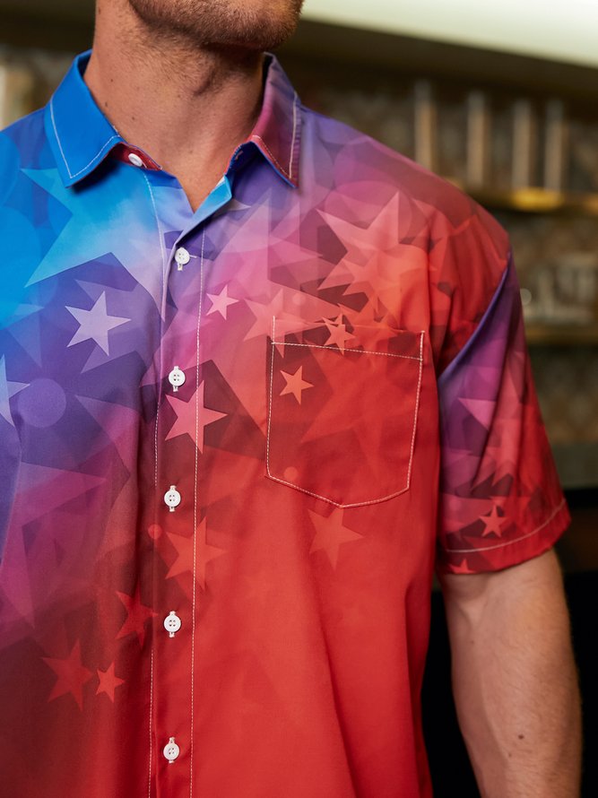 Side view of Men Casual Summer America Flag Polyester Micro-Elasticity Loose Regular H-Line Shirt Collar Aloha Shirts