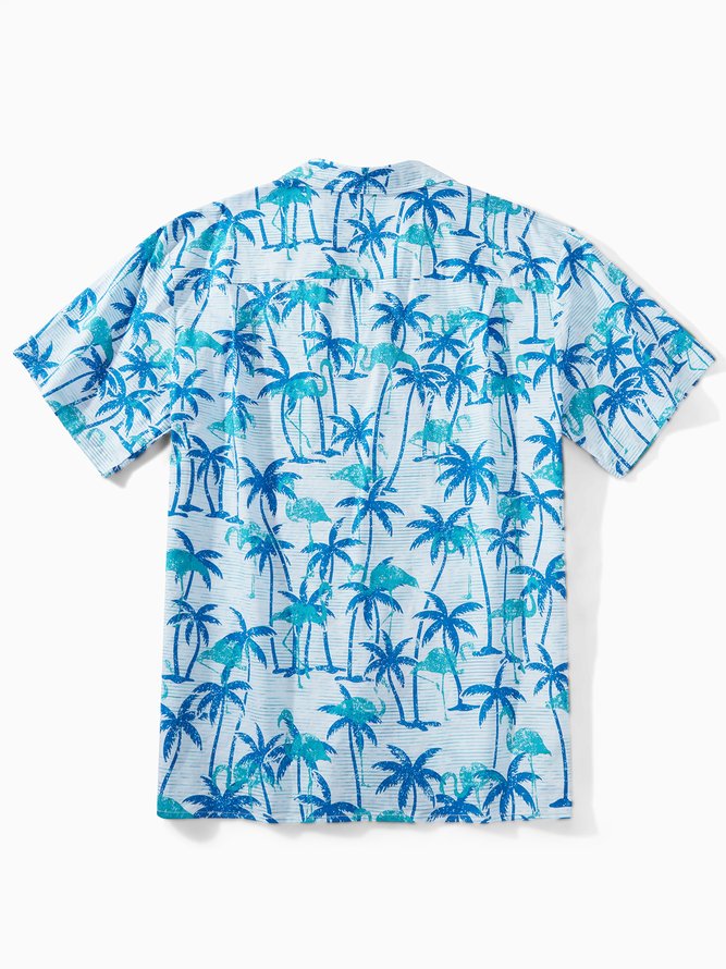 Side view of Men Summer Coconut Tree Vacation No Elasticity Short Sleeve Cotton Regular H-Line Camp Collar Aloha Shirts