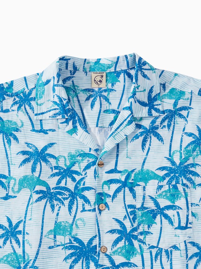 Side view of Men Summer Coconut Tree Vacation No Elasticity Short Sleeve Cotton Regular H-Line Camp Collar Aloha Shirts