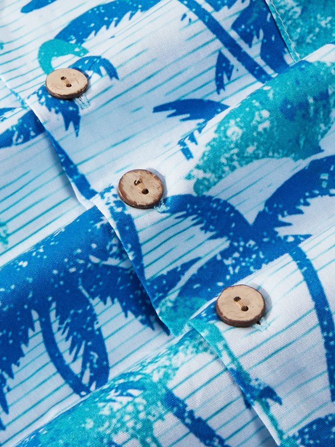 Side view of Men Summer Coconut Tree Vacation No Elasticity Short Sleeve Cotton Regular H-Line Camp Collar Aloha Shirts