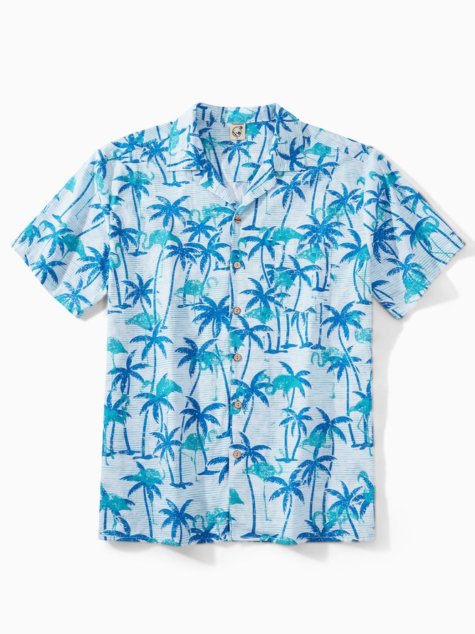 Side view of Men Summer Coconut Tree Vacation No Elasticity Short Sleeve Cotton Regular H-Line Camp Collar Aloha Shirts
