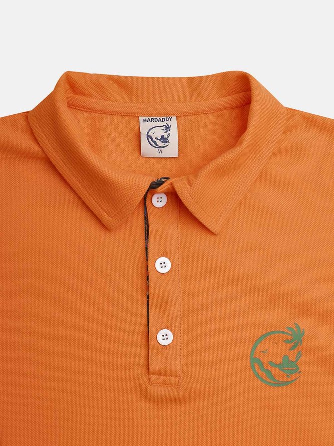 Side view of Men Summer Turtle Hawaii Embroidery Regular Fit Buttons Shawl Collar Regular H-Line Casual Polo