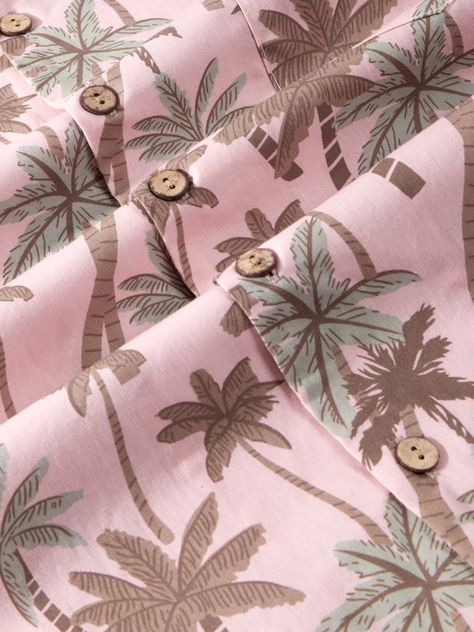 Side view of Men Summer Coconut Tree Vacation Natural No Elasticity Moisture Permeability Cotton Regular Camp Collar Aloha Shirts