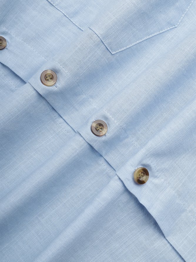 Side view of Men Plain Summer Vacation Natural Moisture Permeability Buttons Cotton H-Line Shirt Collar Aloha Shirts