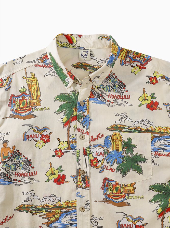 Side view of Men Summer Plants Vacation Natural No Elasticity Wicking Cotton Regular Shirt Collar Aloha Shirts