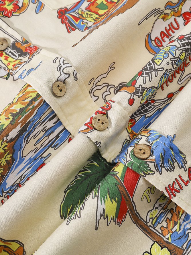 Side view of Men Summer Plants Vacation Natural No Elasticity Wicking Cotton Regular Shirt Collar Aloha Shirts