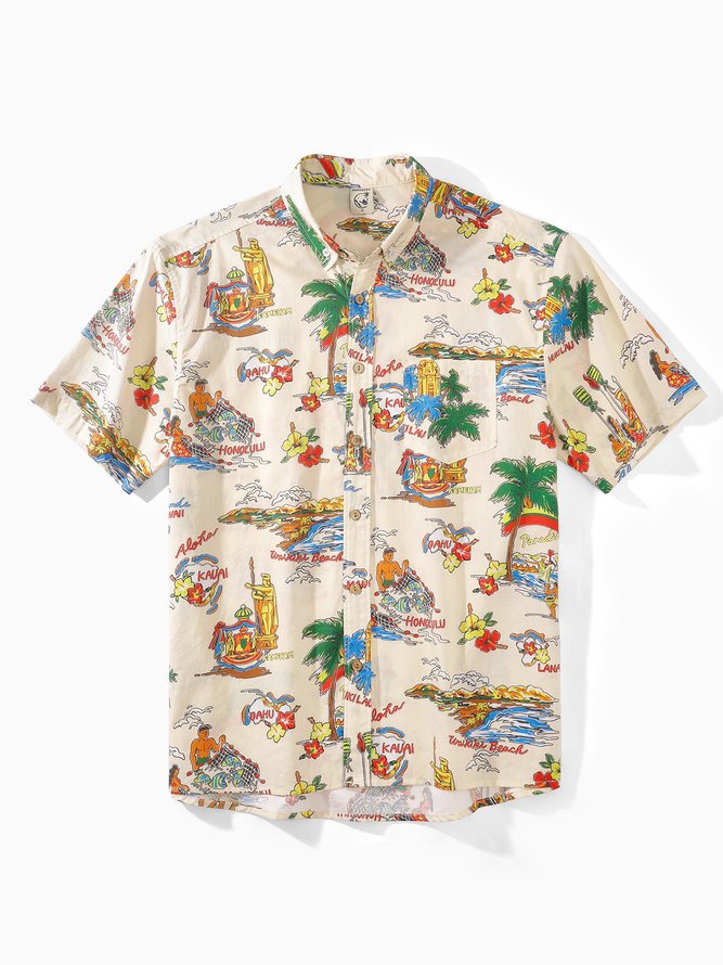 Side view of Men Summer Plants Vacation Natural No Elasticity Wicking Cotton Regular Shirt Collar Aloha Shirts
