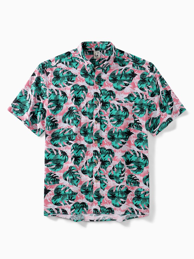 Side view of Men Summer Tropical Vacation No Elasticity Moisture Permeability Commuting Loose Short sleeve H-Line Aloha Shirts