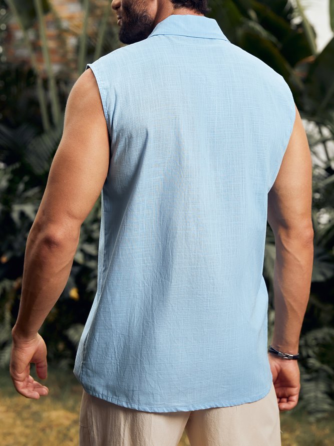 Side view of Men Plain Summer Vacation Natural Moisture Permeability Buttons Cotton H-Line Shirt Collar Aloha Shirts
