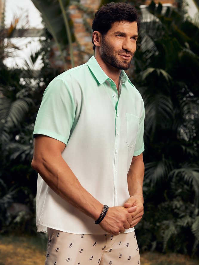 Side view of Men Casual Ombre Summer Wicking Household Buttons Regular H-Line Regular Aloha Shirts