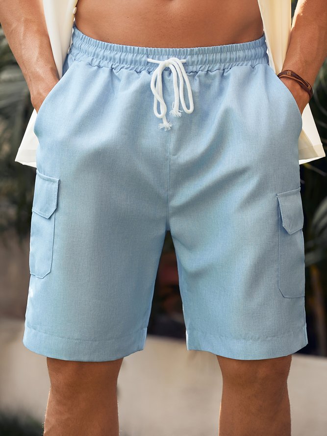 Side view of Men Plain Summer Vacation Natural Moisture Permeability Loose Elastic Band Cargo pants Cotton Shorts