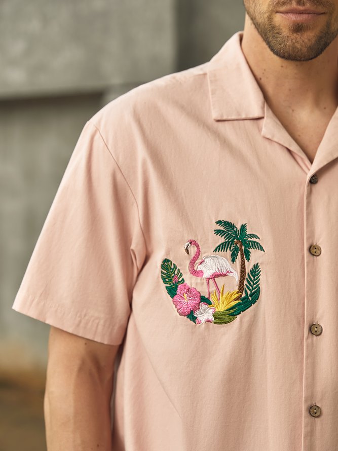 Side view of Men Summer Flamingo Vacation Lightweight No Elasticity Moisture Permeability Loose Regular Camp Collar Aloha Shirts
