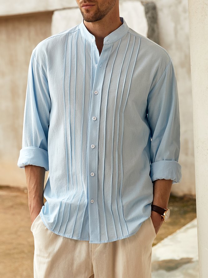 Side view of Men Striped Spring/Fall Vacation Stand Collar Natural Wicking Loose Long Sleeve Cotton Guayabera Shirts