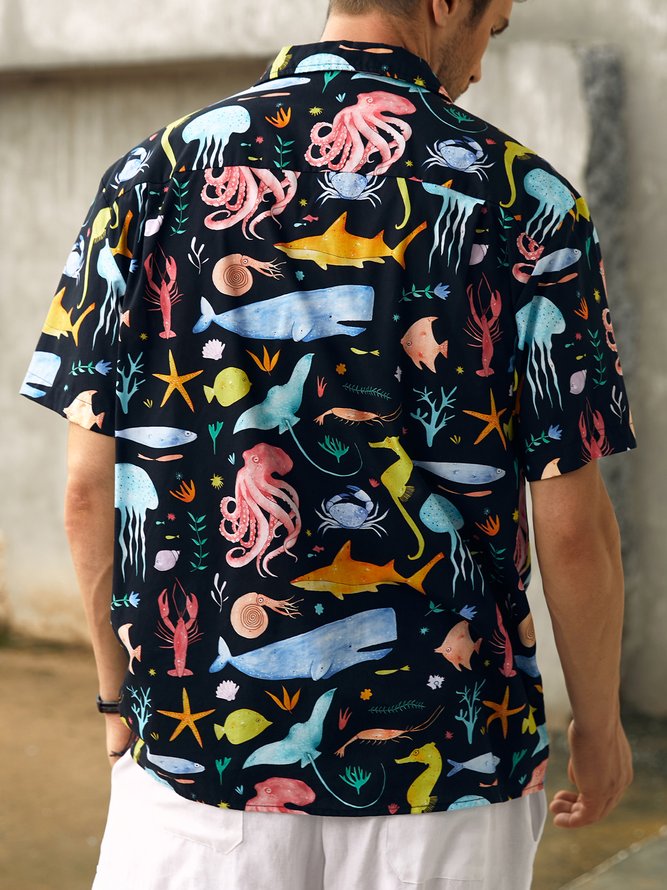 Side view of Men Summer Vacation Sea Household Loose Short sleeve Cotton Regular H-Line Aloha Shirts