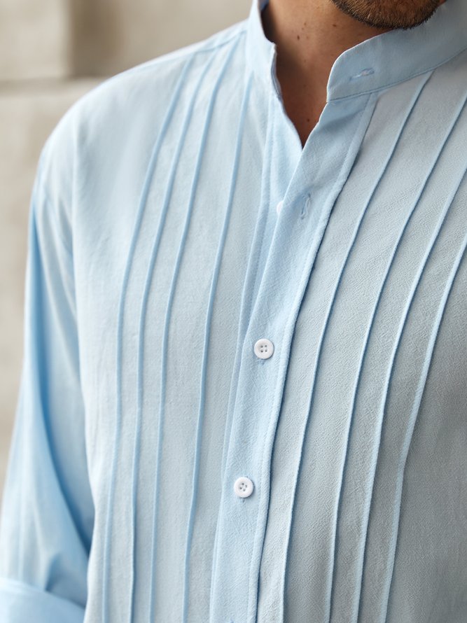 Side view of Men Striped Spring/Fall Vacation Stand Collar Natural Wicking Loose Long Sleeve Cotton Guayabera Shirts