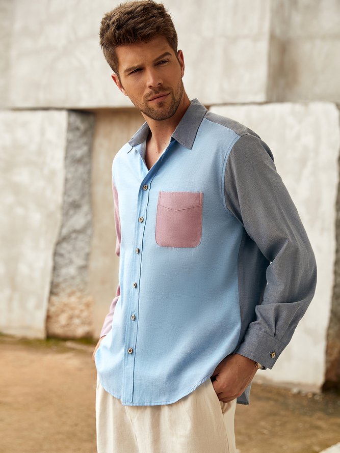Side view of Men Spring/Fall Vacation Contrast Stitching Breathable Commuting Loose Regular Regular Shirt Collar Aloha Shirts