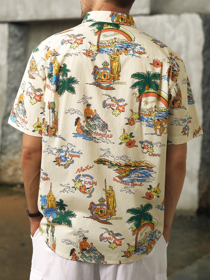 Side view of Men Summer Plants Vacation Natural No Elasticity Wicking Cotton Regular Shirt Collar Aloha Shirts