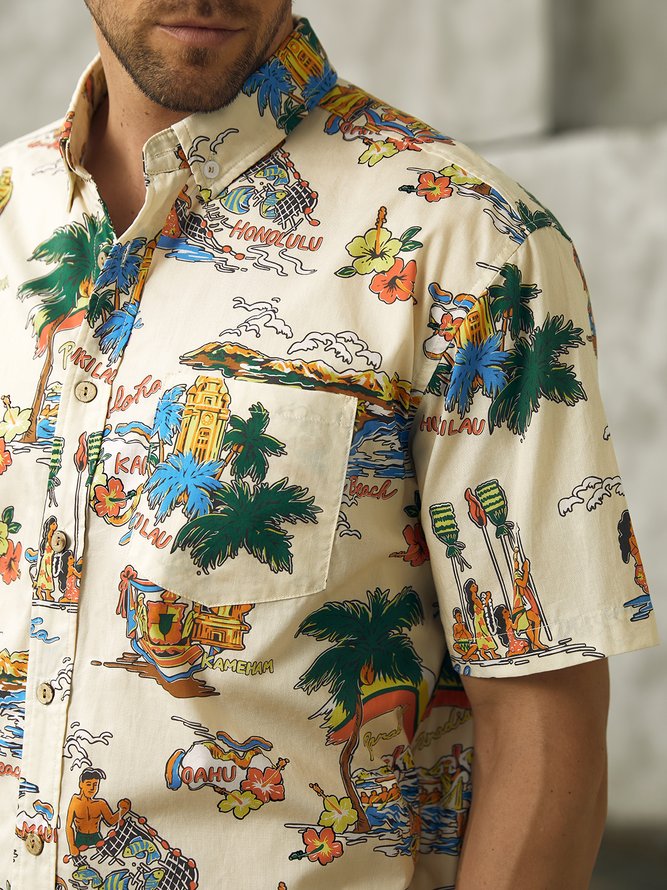 Side view of Men Summer Plants Vacation Natural No Elasticity Wicking Cotton Regular Shirt Collar Aloha Shirts