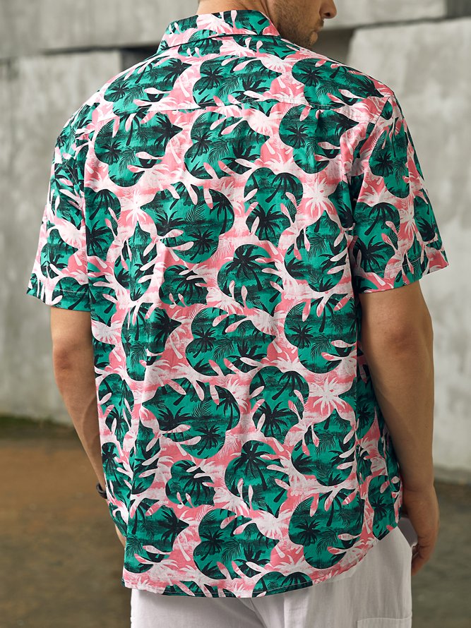 Side view of Men Summer Tropical Vacation No Elasticity Moisture Permeability Commuting Loose Short sleeve H-Line Aloha Shirts