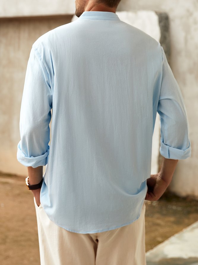 Side view of Men Striped Spring/Fall Vacation Stand Collar Natural Wicking Loose Long Sleeve Cotton Guayabera Shirts