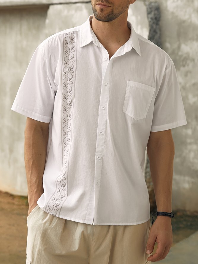 Men Floral Summer Vacation No Elasticity Household Short Sleeve Cotton H-Line Shirt Collar Guayabera Shirts-image-16719877