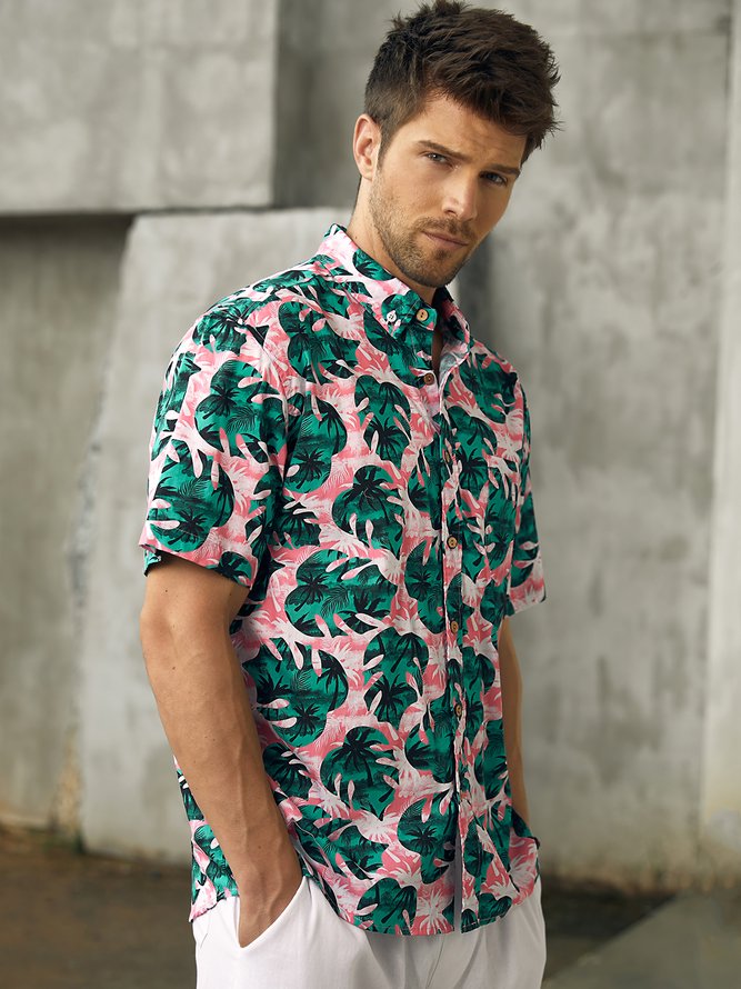 Side view of Men Summer Tropical Vacation No Elasticity Moisture Permeability Commuting Loose Short sleeve H-Line Aloha Shirts