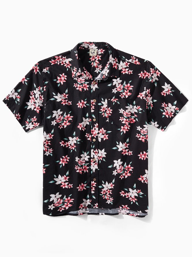 Side view of Men Summer Tropical Vacation Natural Household Short Sleeve Shawl Collar Cotton H-Line Aloha Shirts