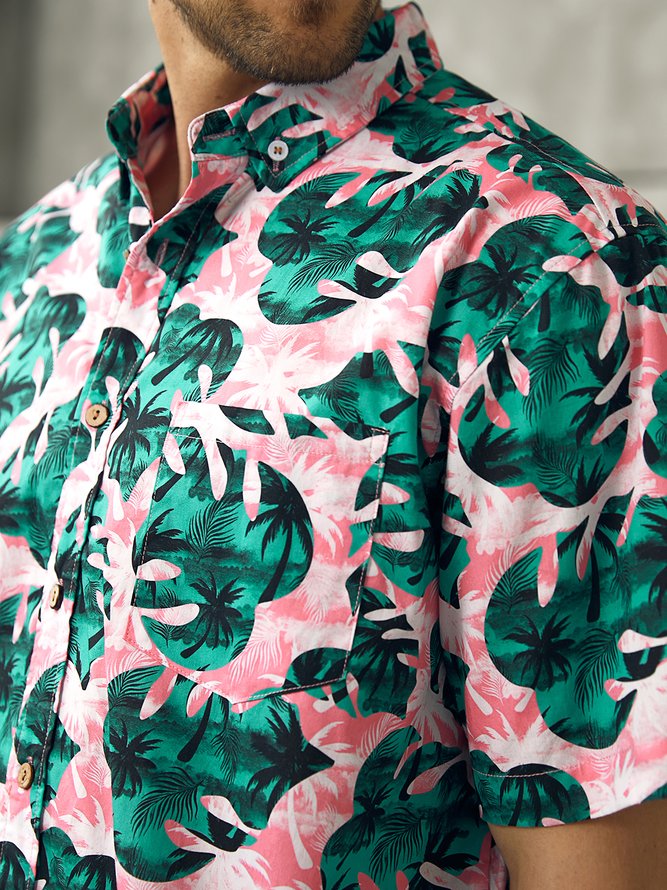 Side view of Men Summer Tropical Vacation No Elasticity Moisture Permeability Commuting Loose Short sleeve H-Line Aloha Shirts