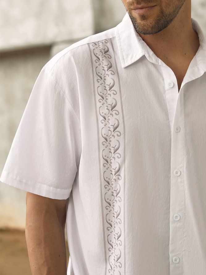 Side view of Men Floral Summer Vacation No Elasticity Household Short Sleeve Cotton H-Line Shirt Collar Guayabera Shirts