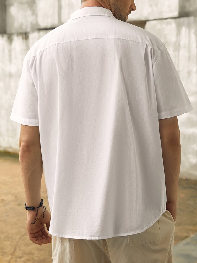 Side view of Men Floral Summer Vacation No Elasticity Household Short Sleeve Cotton H-Line Shirt Collar Guayabera Shirts