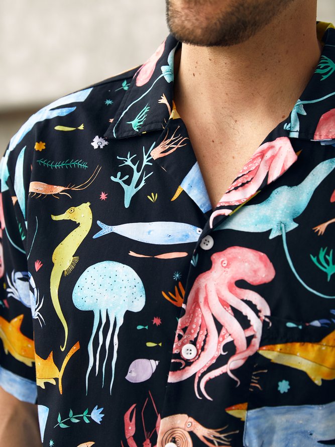 Side view of Men Summer Vacation Sea Household Loose Short sleeve Cotton Regular H-Line Aloha Shirts