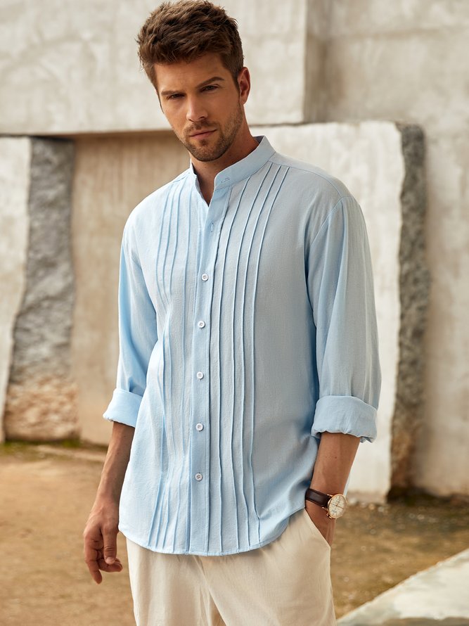 Side view of Men Striped Spring/Fall Vacation Stand Collar Natural Wicking Loose Long Sleeve Cotton Guayabera Shirts